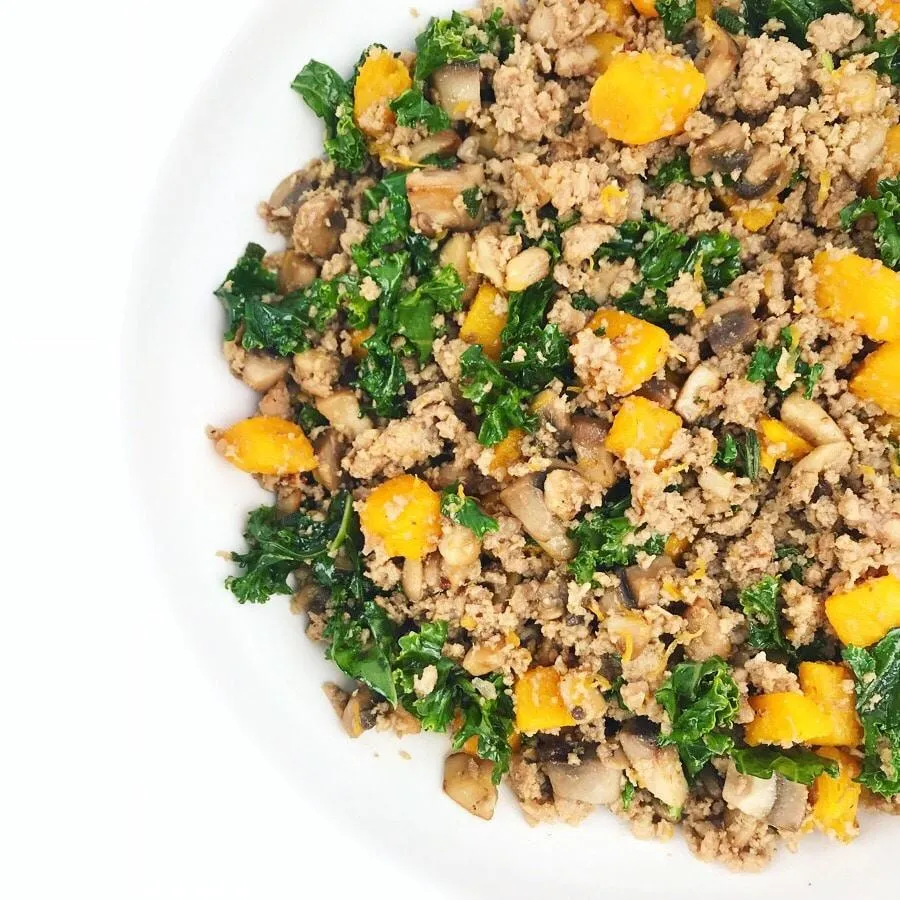 Harvest Pumpkin Hash; a medley of pumpkin, mushrooms, kale, ground turkey, and fresh herbs.