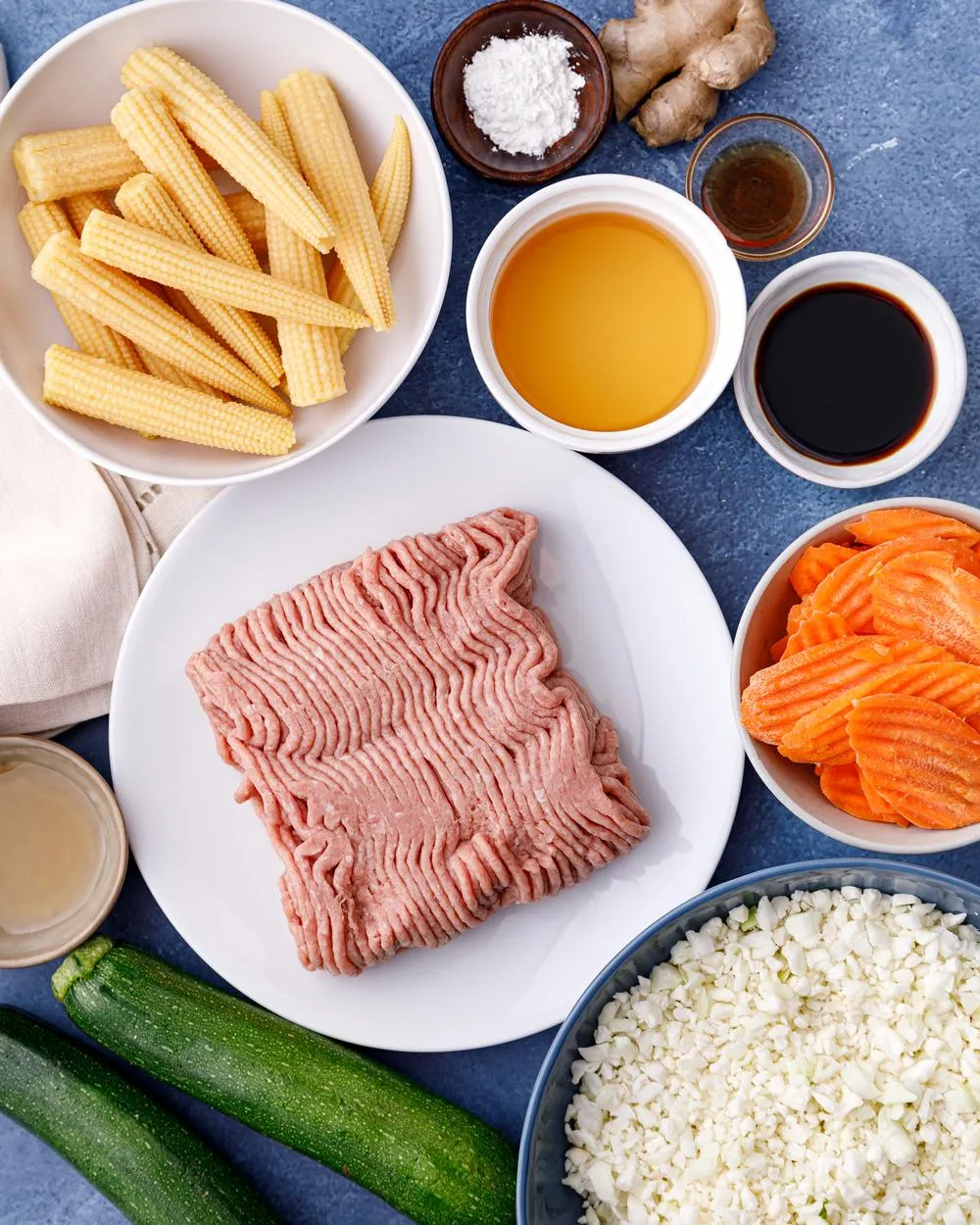 raw ingredients of turkey teriyaki sauce and vegetables