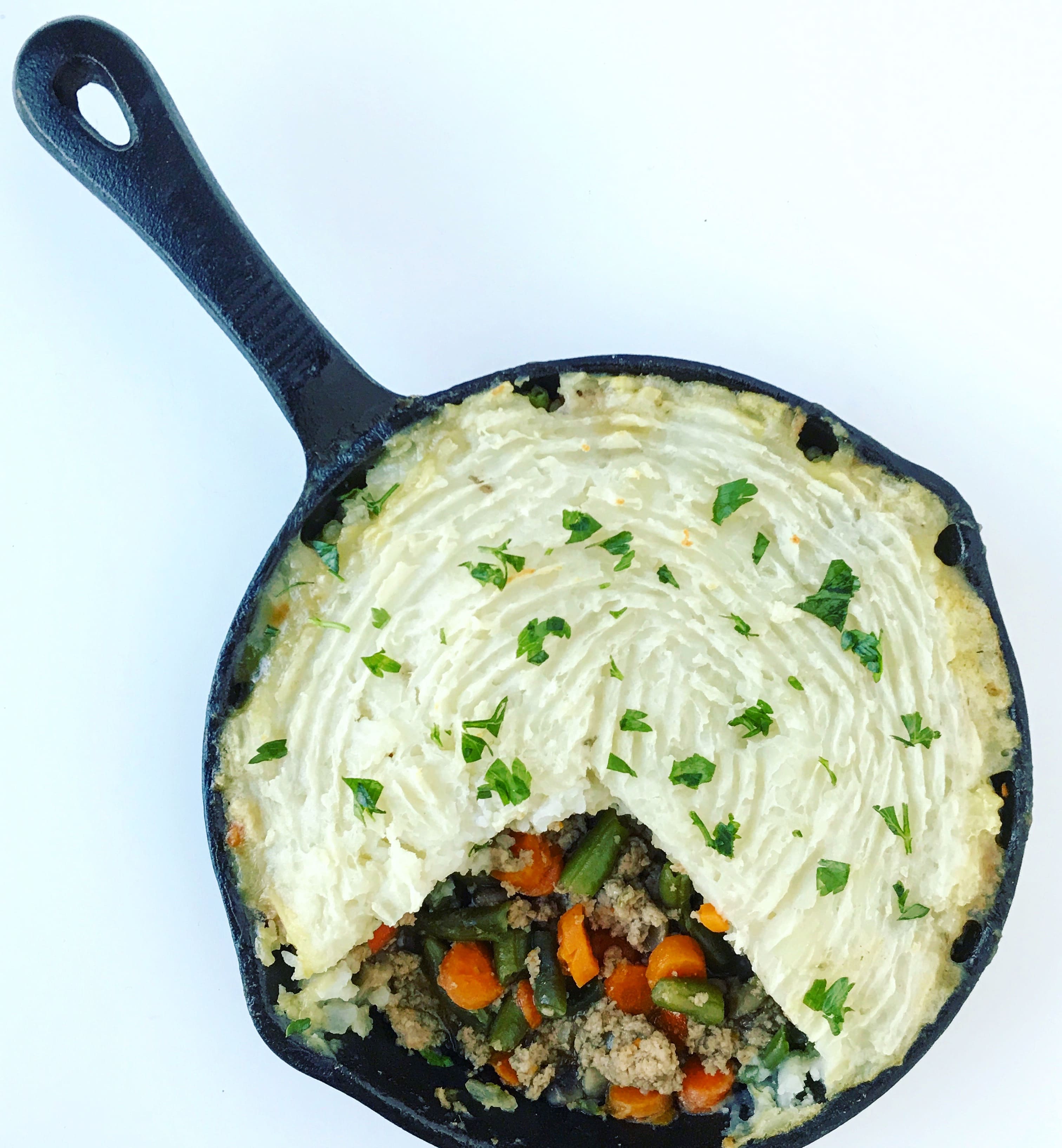 Dairy-Free Turkey Shepard's Pie in a cast iron skillet