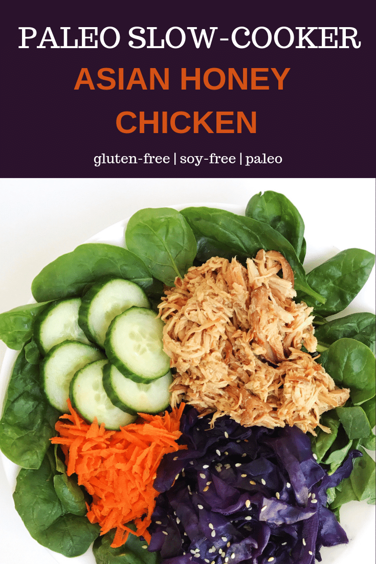 A bowl with slow-cooker Asian inspired chicken, cucumber slices, carrot, and sauteed purple cabbage on a bed a spinach