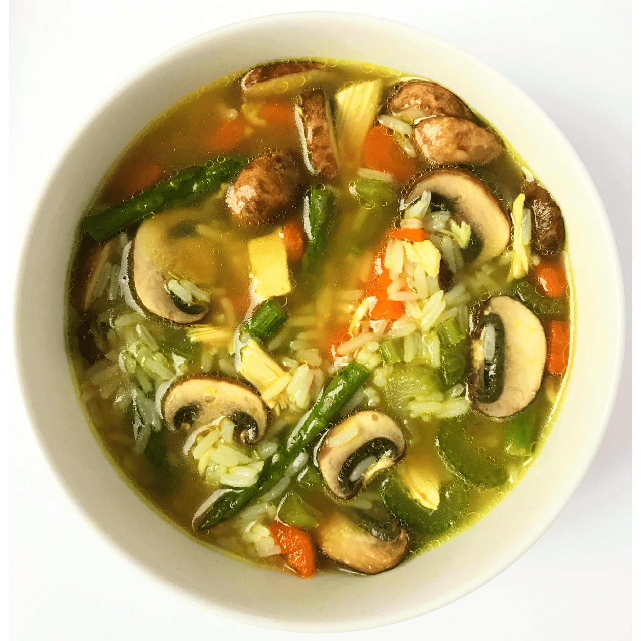 Bowl of chicken, rice, and vegetable soup