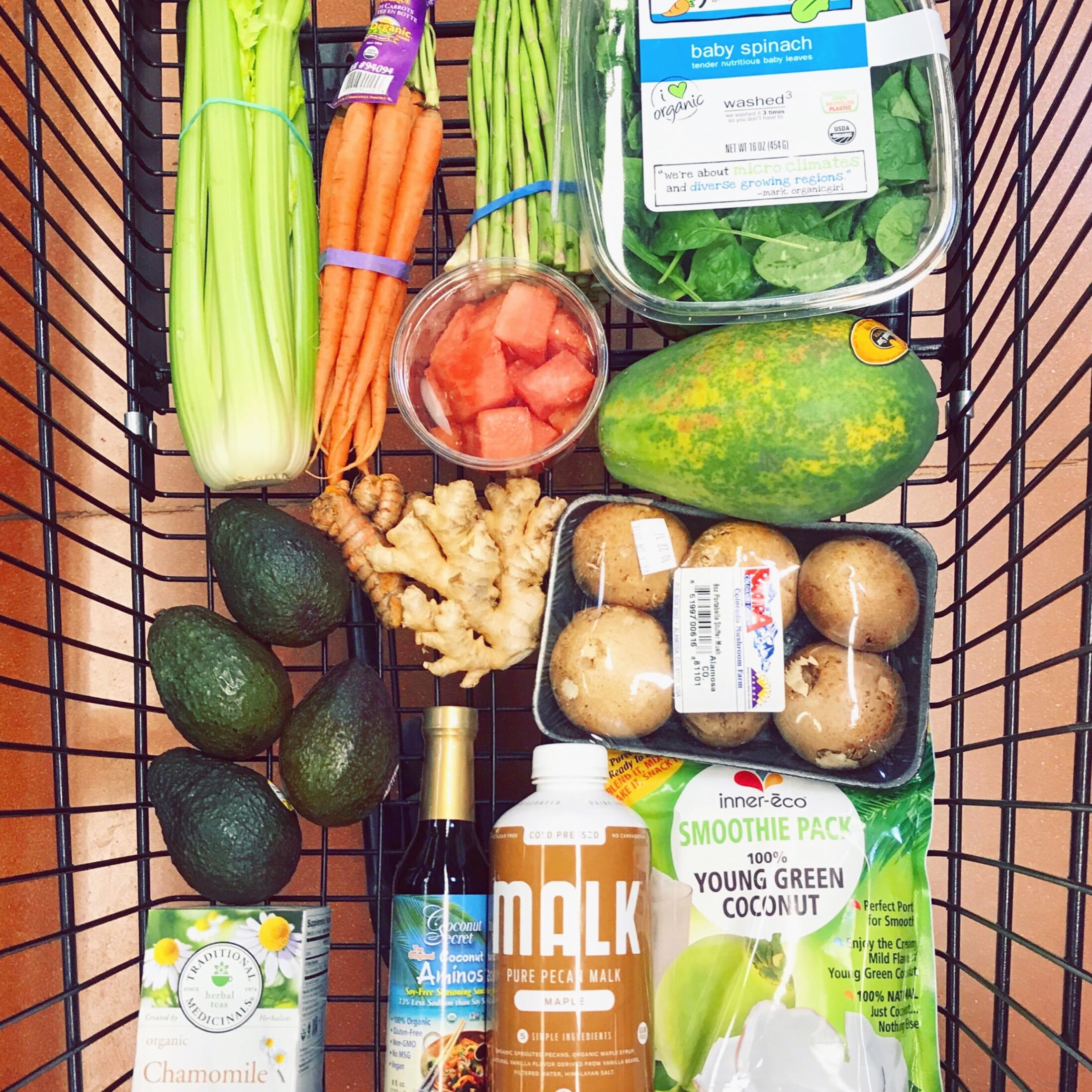 shopping cart full of healthy food