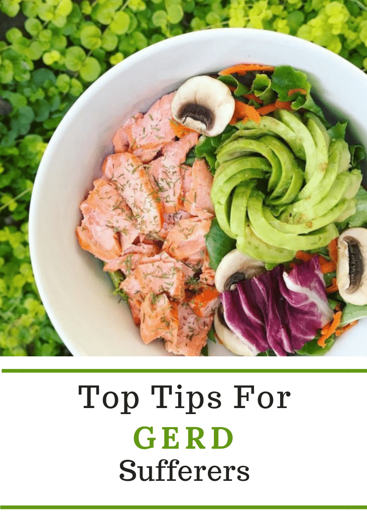 Top tips for GERD sufferers featuring a bowl of salmon, mushrooms, greens, and an avocado rose.