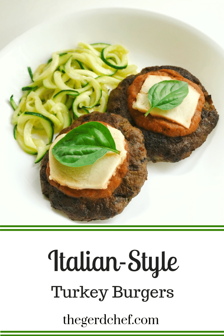 Italian-Style Turkey Burgers topped with tomato-free pasta sauce, mozzarella, and fresh basil.