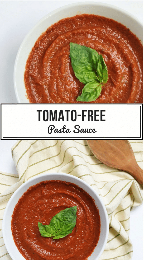 Nightshade and Tomato-free pasta sauce topped with fresh basil