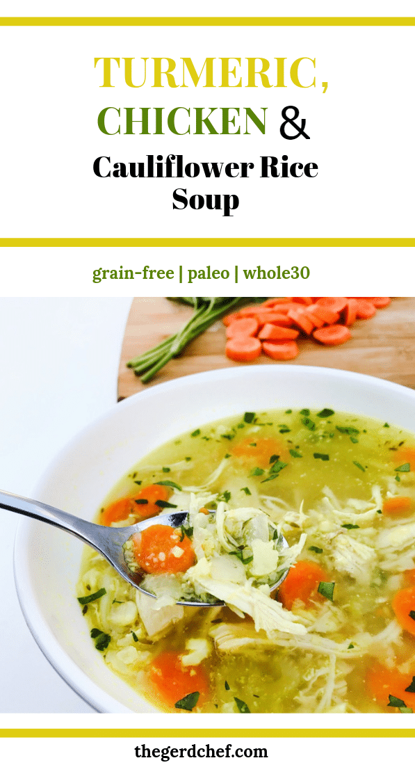 A bowl and spoonful of Turmeric Chicken and Cauliflower Rice Soup