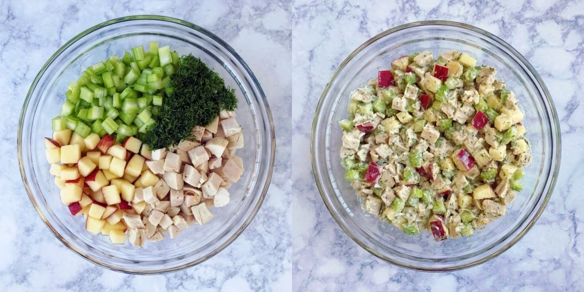 A side by side picture of mixing bowls, one with the ingredients in sections and one bowl has the ingredients mixed.