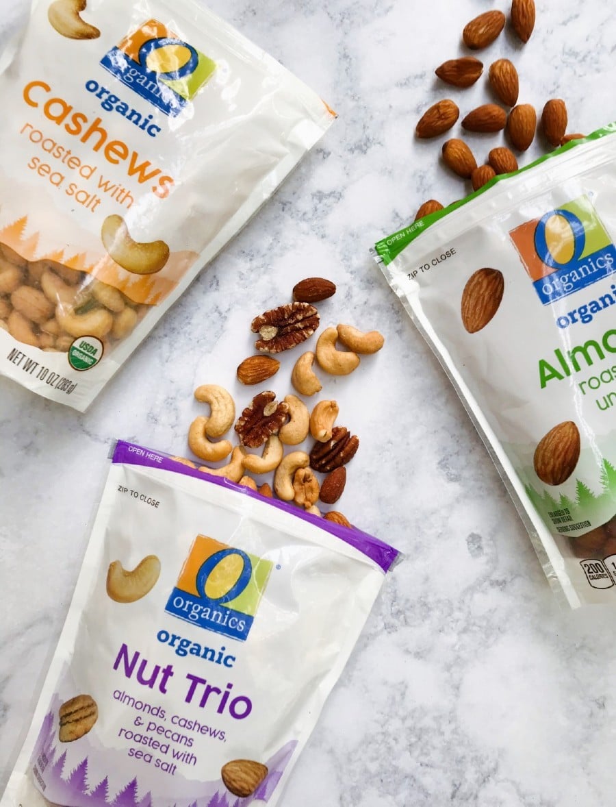 3 bags of O Organics Nuts; cashews, almonds, and nut trio