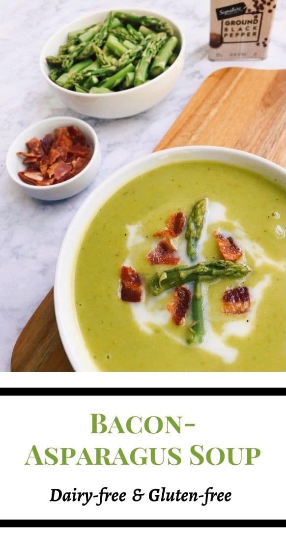 Pinterest Image with bacon-asparagus soup and a bowl of asparagus, bacon, and Signature SELECT Black Pepper in the background