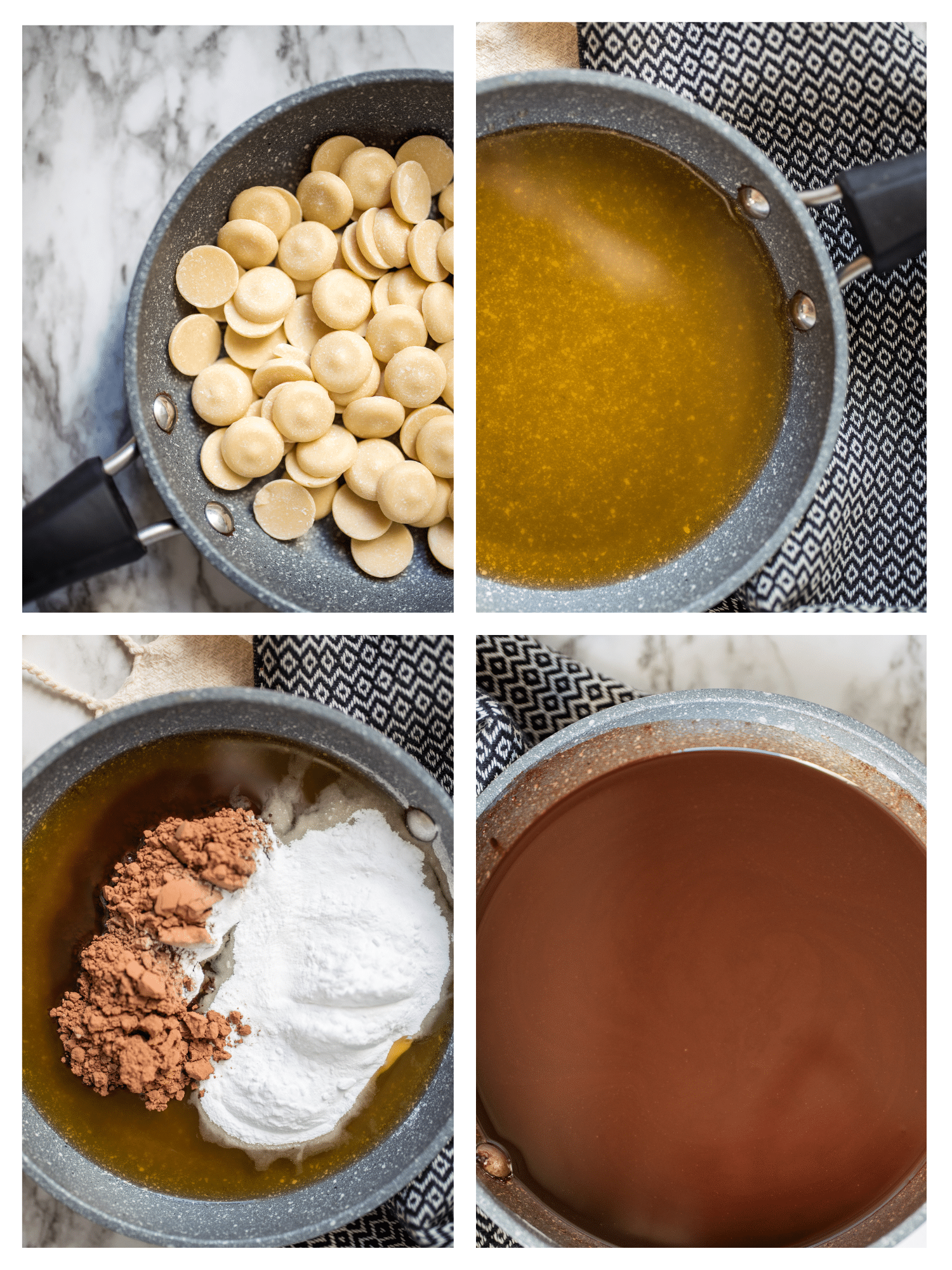 4 images describing the steps to make the chocolate crunch bars. Place your cocoa butter in a pan, melt the cocoa butter, add cocoa powder and erythritol powder and stir to combine