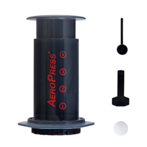 a black cylinder with red writing that says aeropress