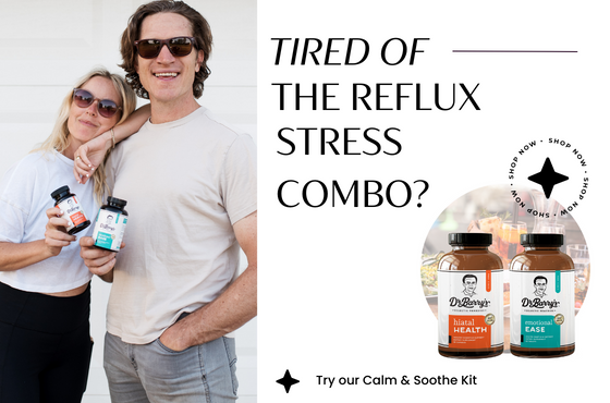 an ad for Calm and Soothe. There is a picture of a couple with two supplement bottles and text that says, tired of the reflux stress combo?