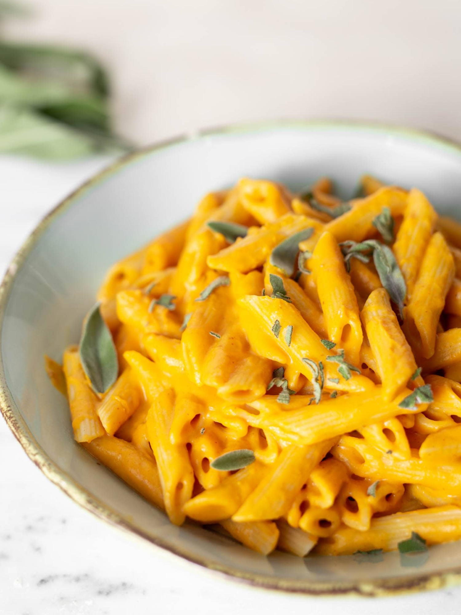 a big white bowl filled with vegan pumpkin pasta