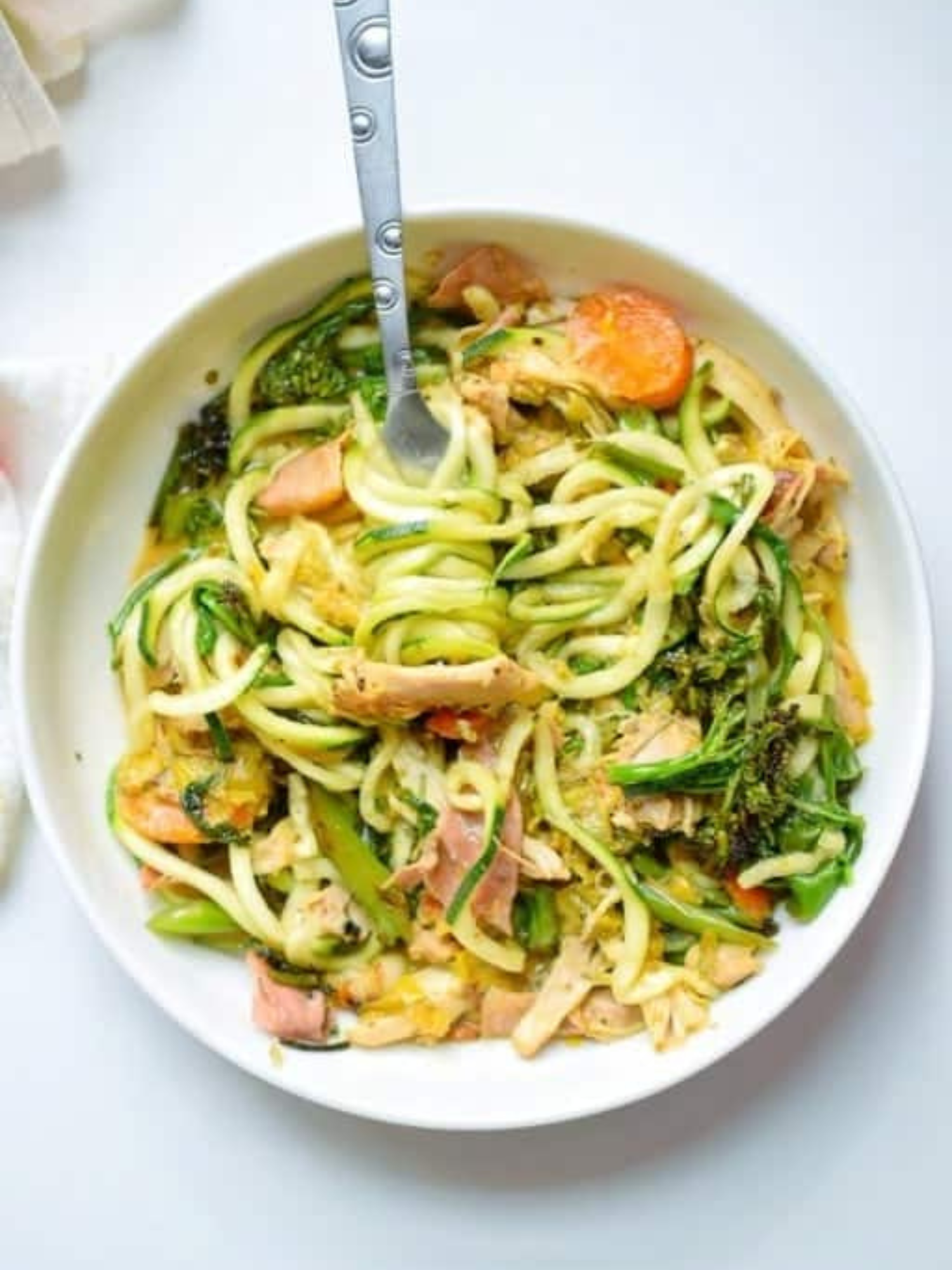a big bowl filled with Pressure Cooker “Cheesy” Chicken & Zoodles (Paleo, Whole30, AIP, Keto)